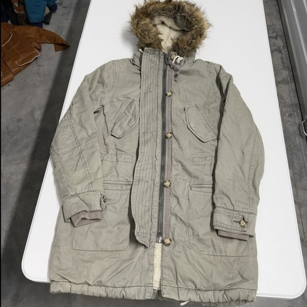 Abercrombie & Fitch Parka Jacket Mens Small Green Excellent Sherpa Faux Fur Hood